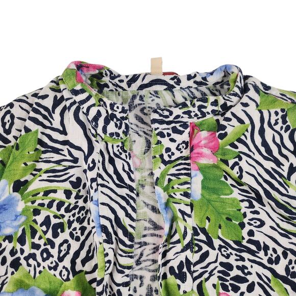 Vintage Hawaiian Cardigan Womens PL Large Petite 100% Linin Hibiscus Zebra Print - Picture 5 of 16